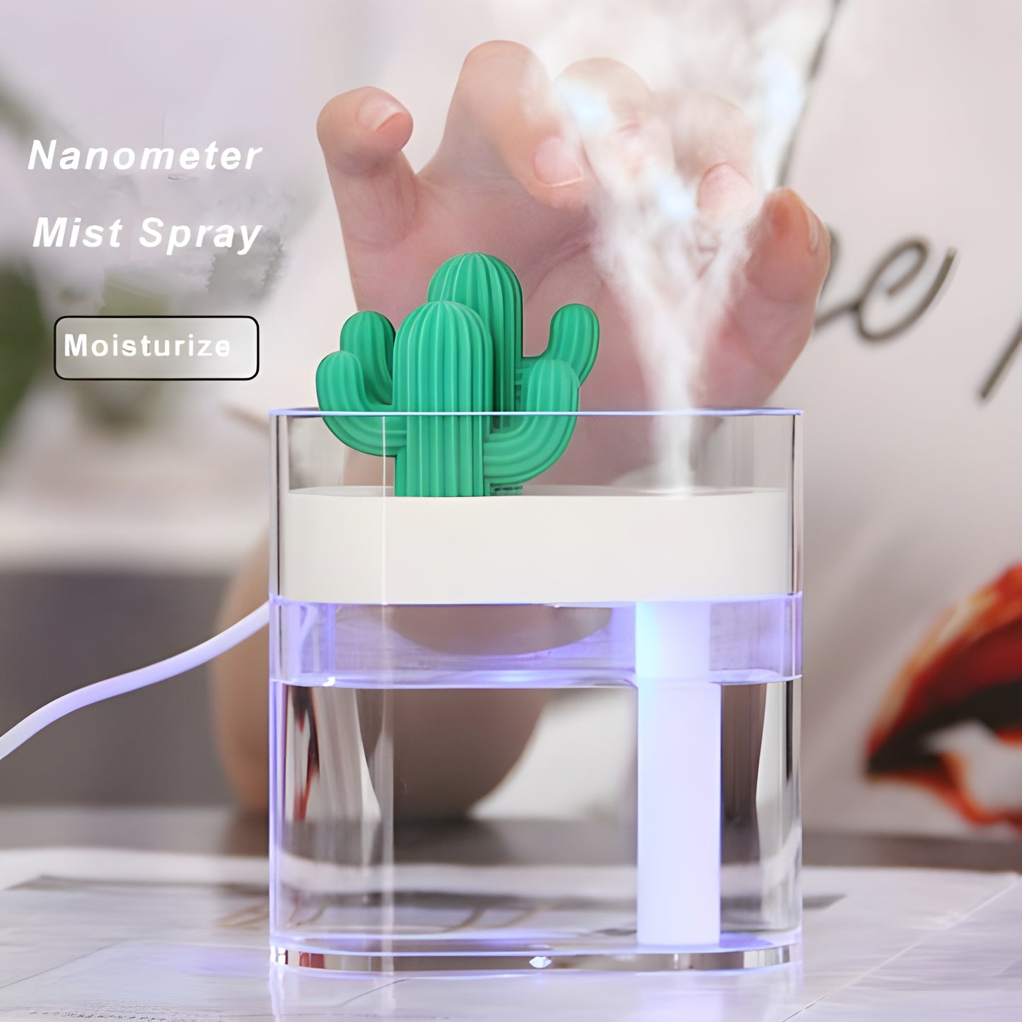 160ML Ultrasonic Air Humidifier & Aroma Diffuser – USB Essential Oil Diffuser, Clear Cactus Design, Car Purifier, Anion Mist Maker