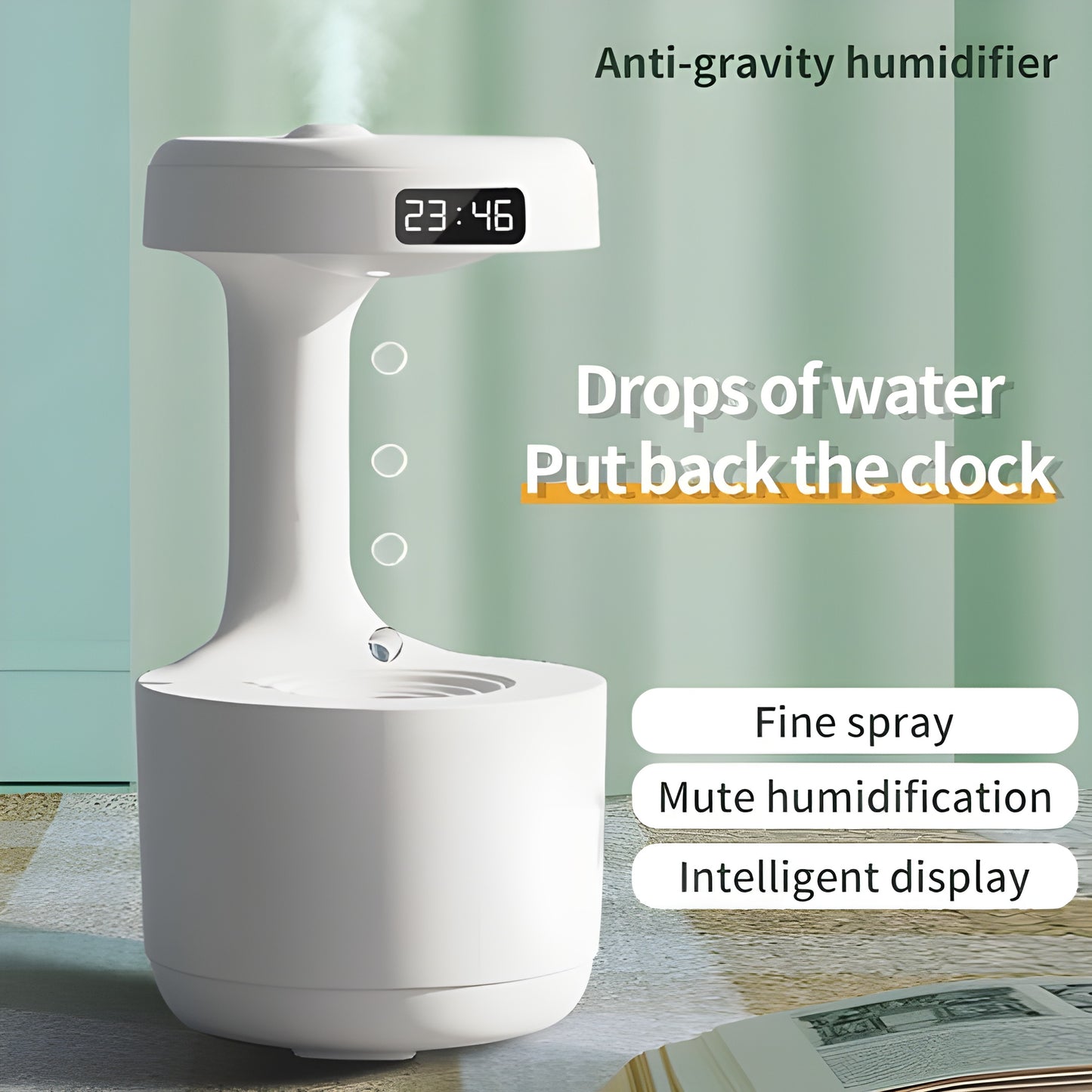 800ml LED Water Drop Anti-Gravity Humidifier & Diffuser with Clock Display | USB Powered
