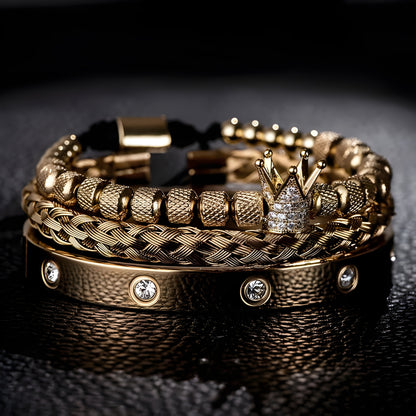Diamond Roman Bracelets – Luxury Stainless Steel with Copper Crown & Crystal Detail