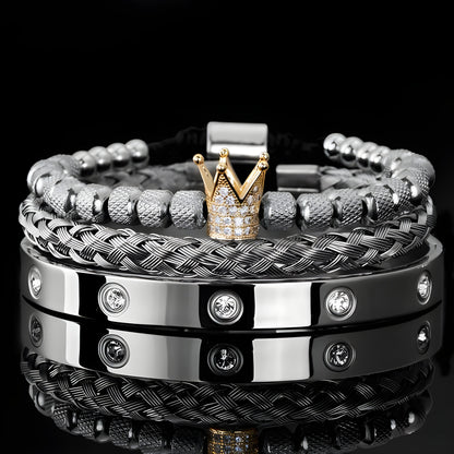 Diamond Roman Bracelets – Luxury Stainless Steel with Copper Crown & Crystal Detail