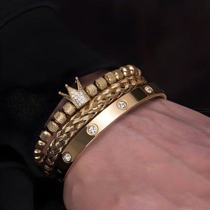 Diamond Roman Bracelets – Luxury Stainless Steel with Copper Crown & Crystal Detail