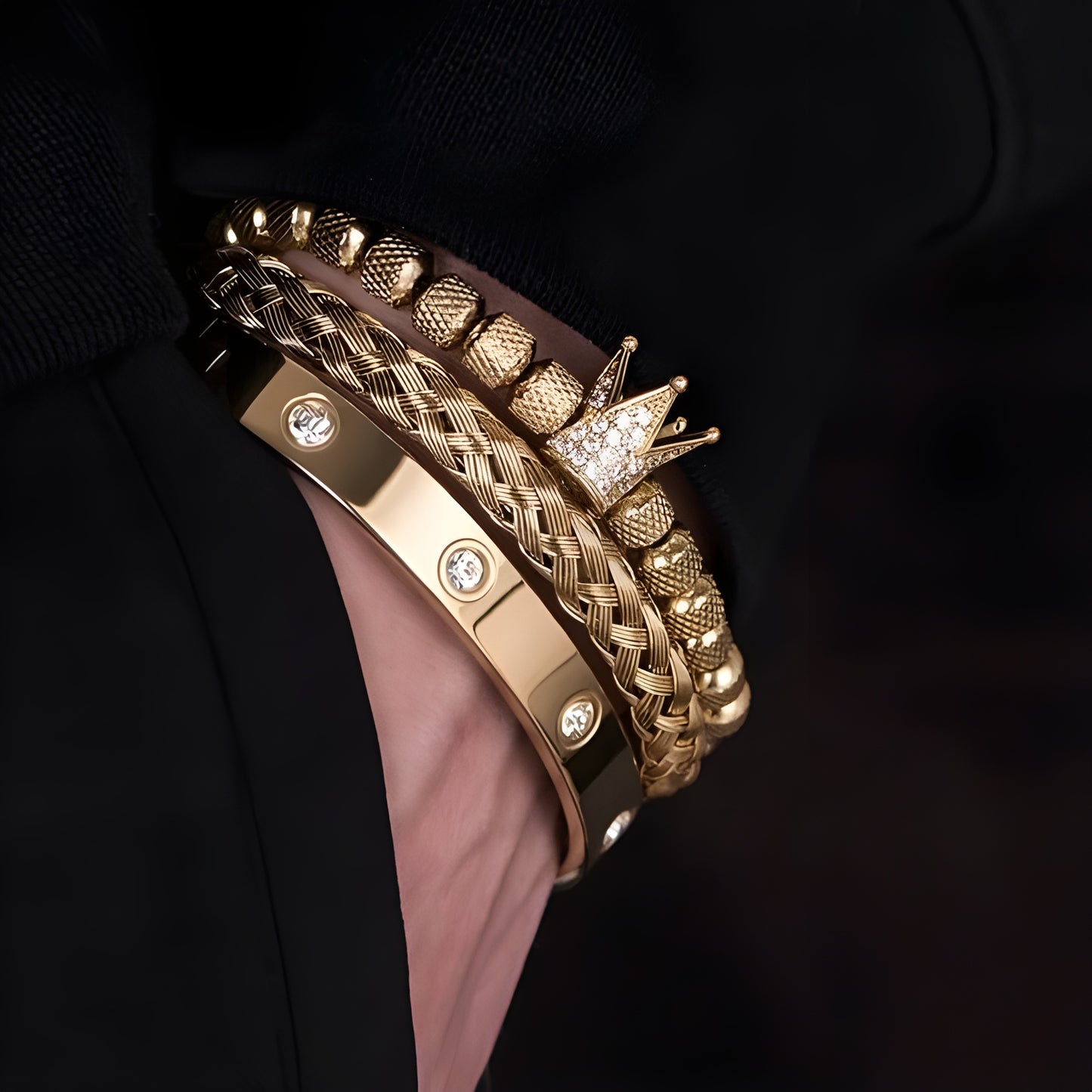 Diamond Roman Bracelets – Luxury Stainless Steel with Copper Crown & Crystal Detail