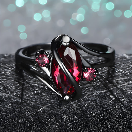 Crystal Ring – 14K Black Gold with Red Leaf & White Crystals for Engagement & Weddings