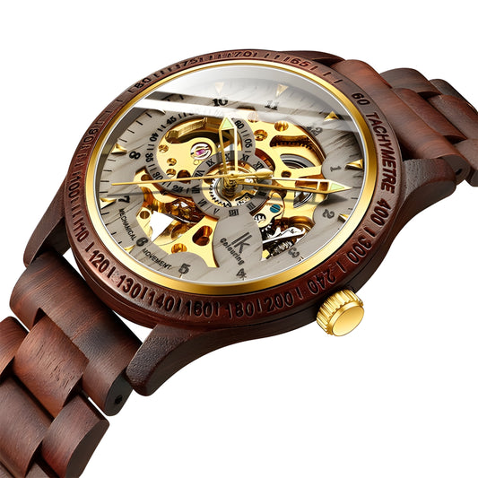 Classic Wooden Men's Mechanical Watch – Luxury Hollow Dial with Waterproof Feature