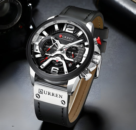 Military Leather Chronograph Wristwatch – Durable & Stylish, 30M Water-Resistant for Men