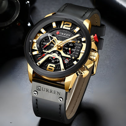 Military Leather Chronograph Wristwatch – Durable & Stylish, 30M Water-Resistant for Men