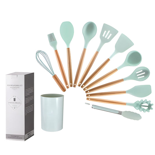 12-Piece Silicone Cooking Utensils Set with Wooden Handles – Heat-Resistant,  Non-Stick Kitchen Tools with Storage Bucket (Black/Red/Green)