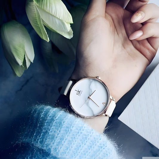 Shengke Fashion Watch for Women – Elegant Quartz Wristwatch with Marble Dial & Leather Band